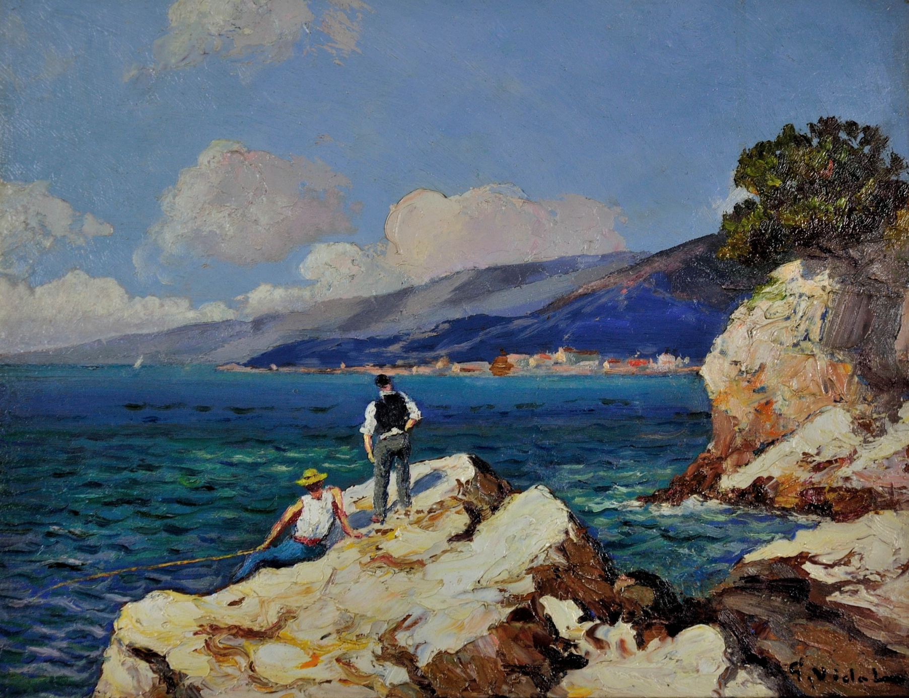 Pêcheurs Sur Les Rochers. Bord De Mer En Côte d'Azur.