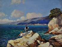 Pêcheurs Sur Les Rochers. Bord De Mer En Côte d'Azur.